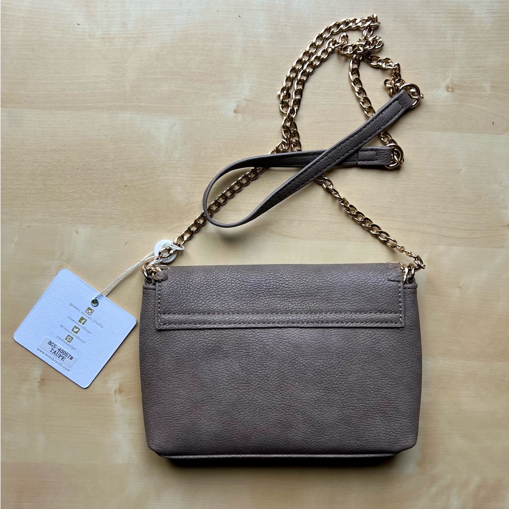 MMS Design Studio Taupe Crossbody Bag with Gold-Tone Chain & Whipstitch Trim - Picture 2 of 10